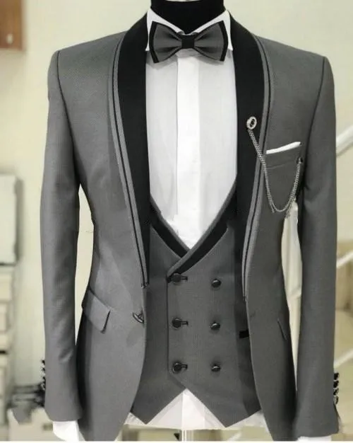 Grå brudgum Tuxedos Blac Shawl Lapel Groomsman Bröllop 3 Piece Suit Fashion Men Business Prom Jacka Blazer (Jacka + Byxor + Tie + Vest) 2591