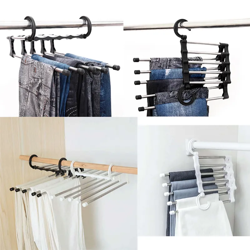 Mmulti-functionele broek rack jeans planken 5 in1 roestvrijstalen kledingkast magische hanger multilayer broek racks kleding hangers