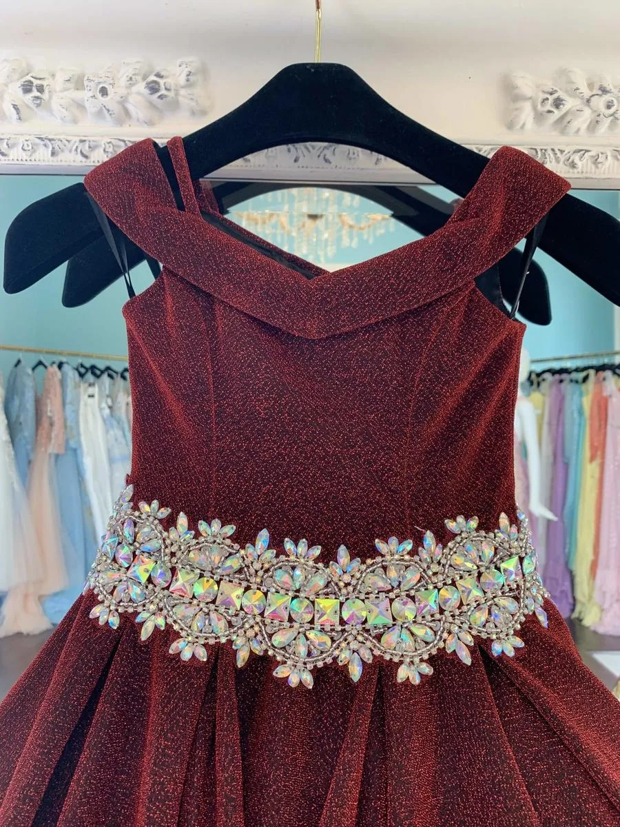 Glitter Pageant Dresses for Teens 2020 Crystals Rhinestones Long Pageant Gowns for Little Girls Off the Shoulder Burgundy Formal Party Wear
