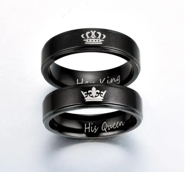 ステンレススチールの約束ラブ指輪ブラックカラー彼の女王彼女のキングクラウンカップルリング恋人のギフト結婚式ジュエリー