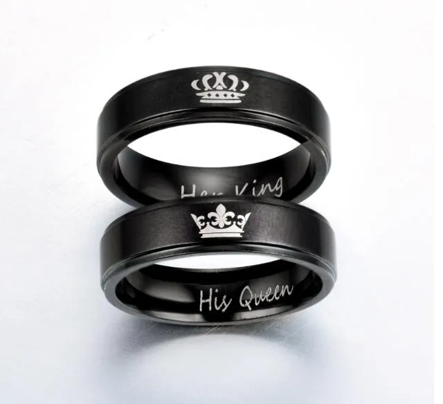 Rostfritt stål Löfte Kärlek Finger Ring Svart Färg Hans Drottning Hennes King Crown Couple Ringar Lover Gift Bröllop Smycken