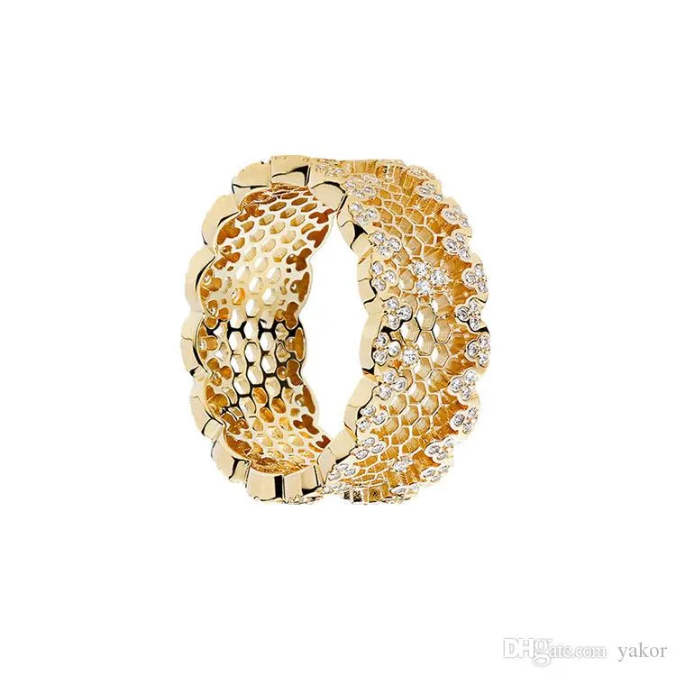 NEUER Luxus-Ehering aus 18 Karat Gelbgold mit Originalverpackung für Pandora-925-Silber-CZ-Diamantringe für Frauen