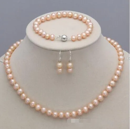 Mooie 7-8mm natuurlijke Akoya Freshwater Pearl Rose ketting armband oorbellen 18 ''