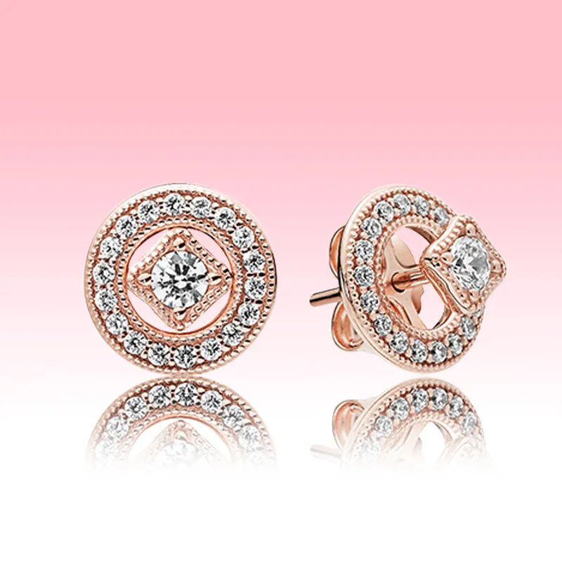 lyx designer 18K Rose Gold kvinnors örhängen CZ Diamond Vintage cirklar Stud örhänge med originalkartong för Pandora Real silverörhänge