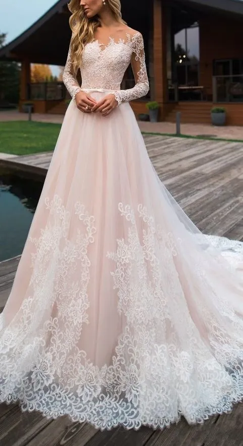 Pastel light pink sleeveless lace applique ball gown wedding dress with  tulle and court train