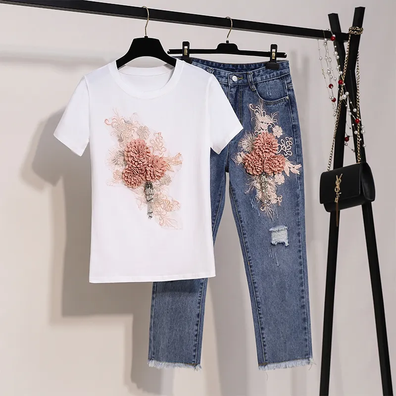 Verão Nova Lantejoulas Bordado Flores Tridimensionais Manga Curta T-shirt Buraco em Nove Points Jeans Dois Ternos Feminino