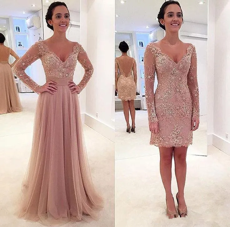 2019 Deep V Neck Mother Off Bride Dresses Long Sleeves A Line Lace Applique Detachable Skirt Cocktail Prom Party Evening Wedding Guest Gowns