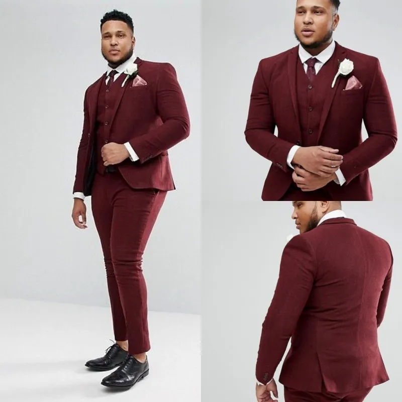 Plus Size Groom Wedding Tuxedos Burgundii Notched Lapel Mens Spodnie garnitury 3 sztuki Formalne kurtki Prom Best Men Blazer (Kurtka + kamizelki + spodnie)