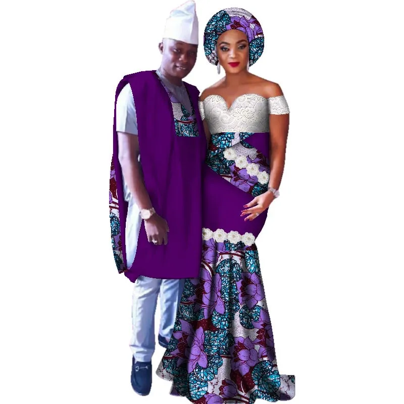 African Matching Outfit for Couples Bazin Riche Women Lace Long