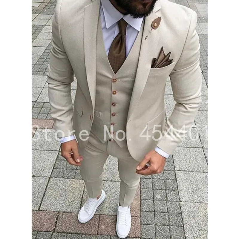 Beige Men Suit Groom Tuxedo Slim Fit 3 Piece Prom Style Suits Custom Costume Homme Blazer Terno Masculino Jacket+Pant+Vest