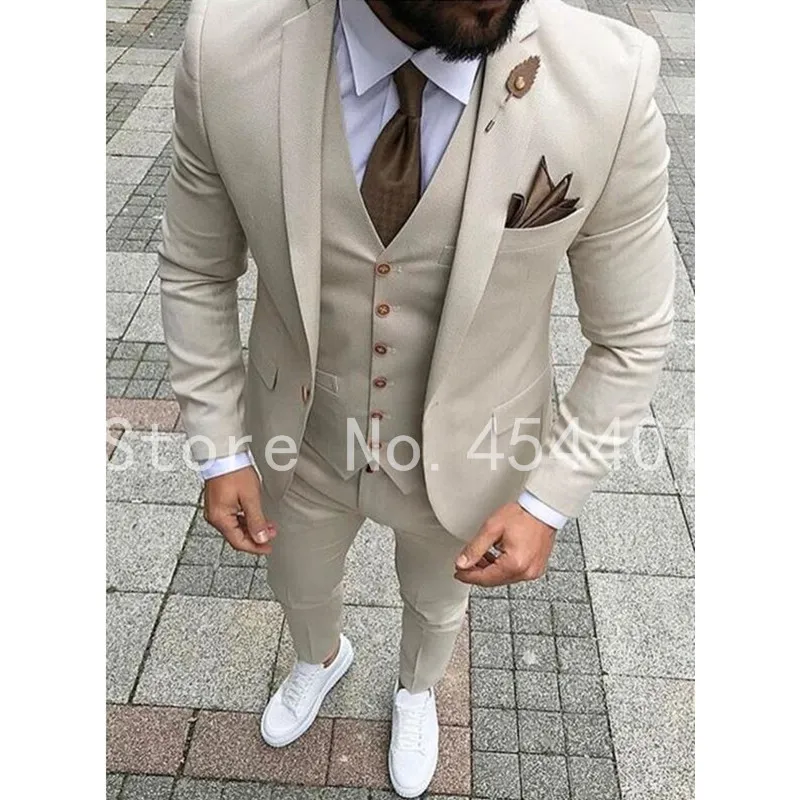 Beige män kostym brudgummen smal smal passform 3 stycke prom stil kostymer anpassad kostym homme blazer terno masculino jacka + byxa + väst