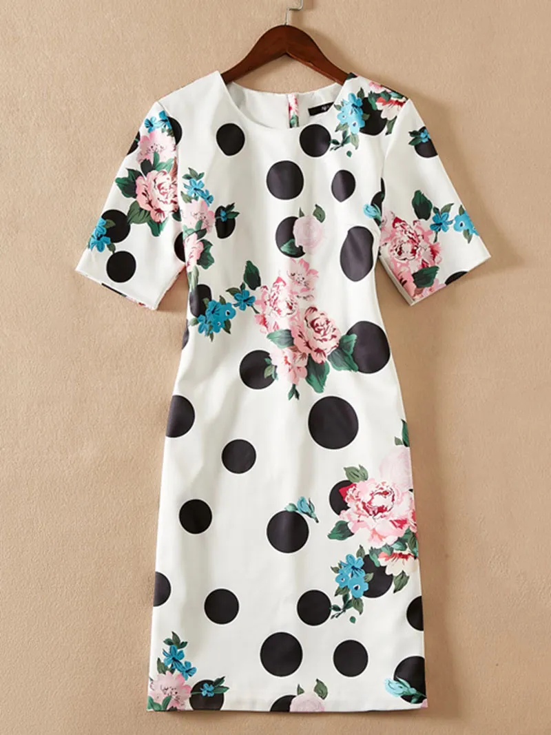 Blomma print owmen mantel klänning polka dot kortärmad rund hals casual klänningar