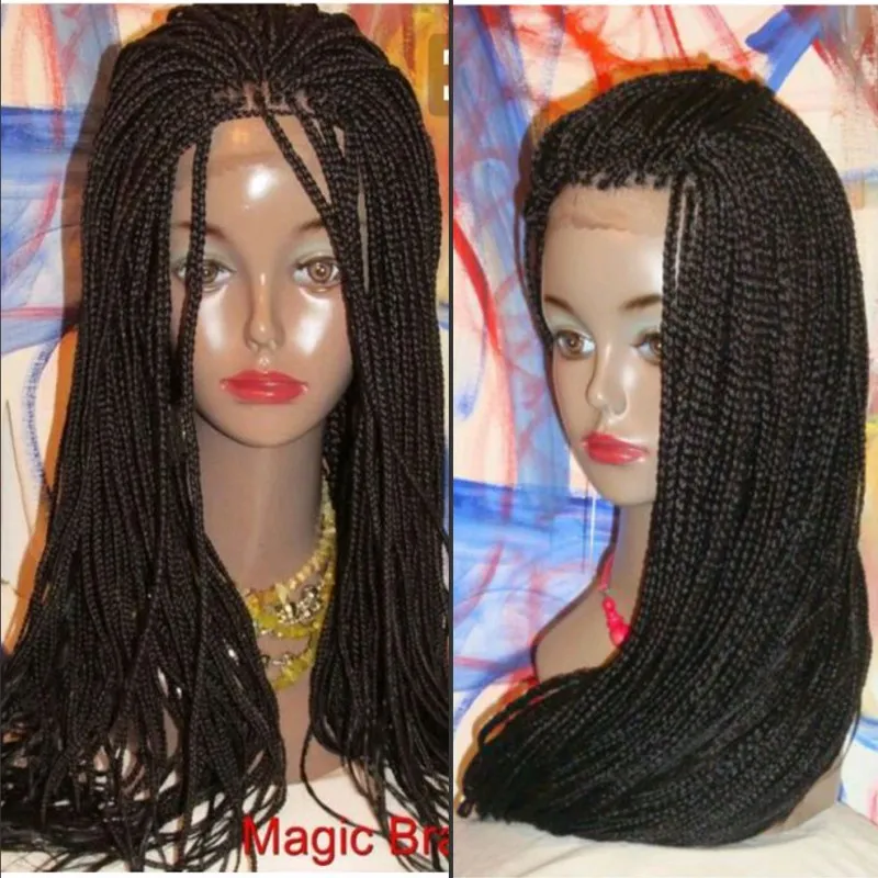 Style de mode couleur noire longue tresse avant de lacet perruque micro tresses synthétique avant de lacet perruques cheveux tressés avec des cheveux de bébé pour les femmes noires