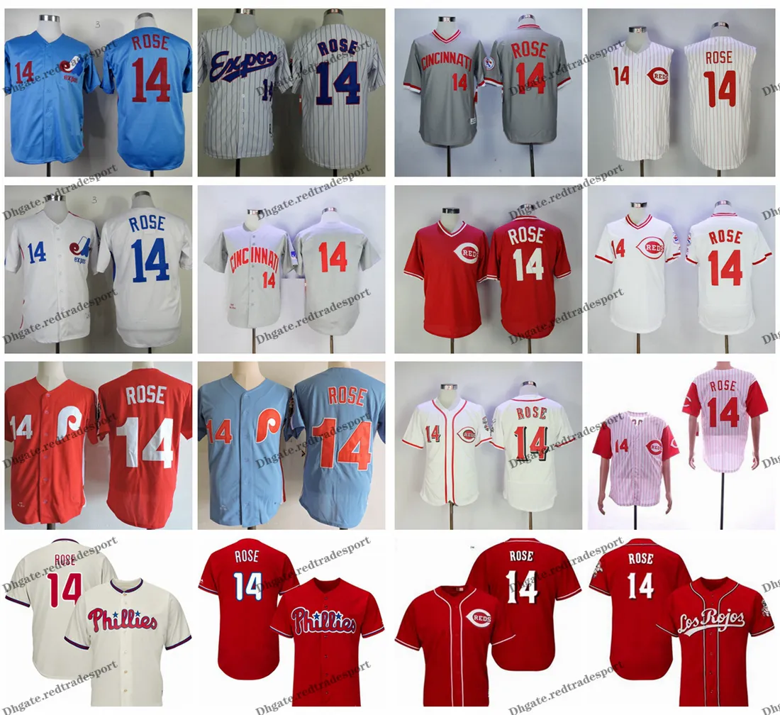 Camisas de beisebol vintage Montreal Expos Pete Rose baratos branco azul # 14 Pete Rose masculino vermelho costurado camisas M-XXXL