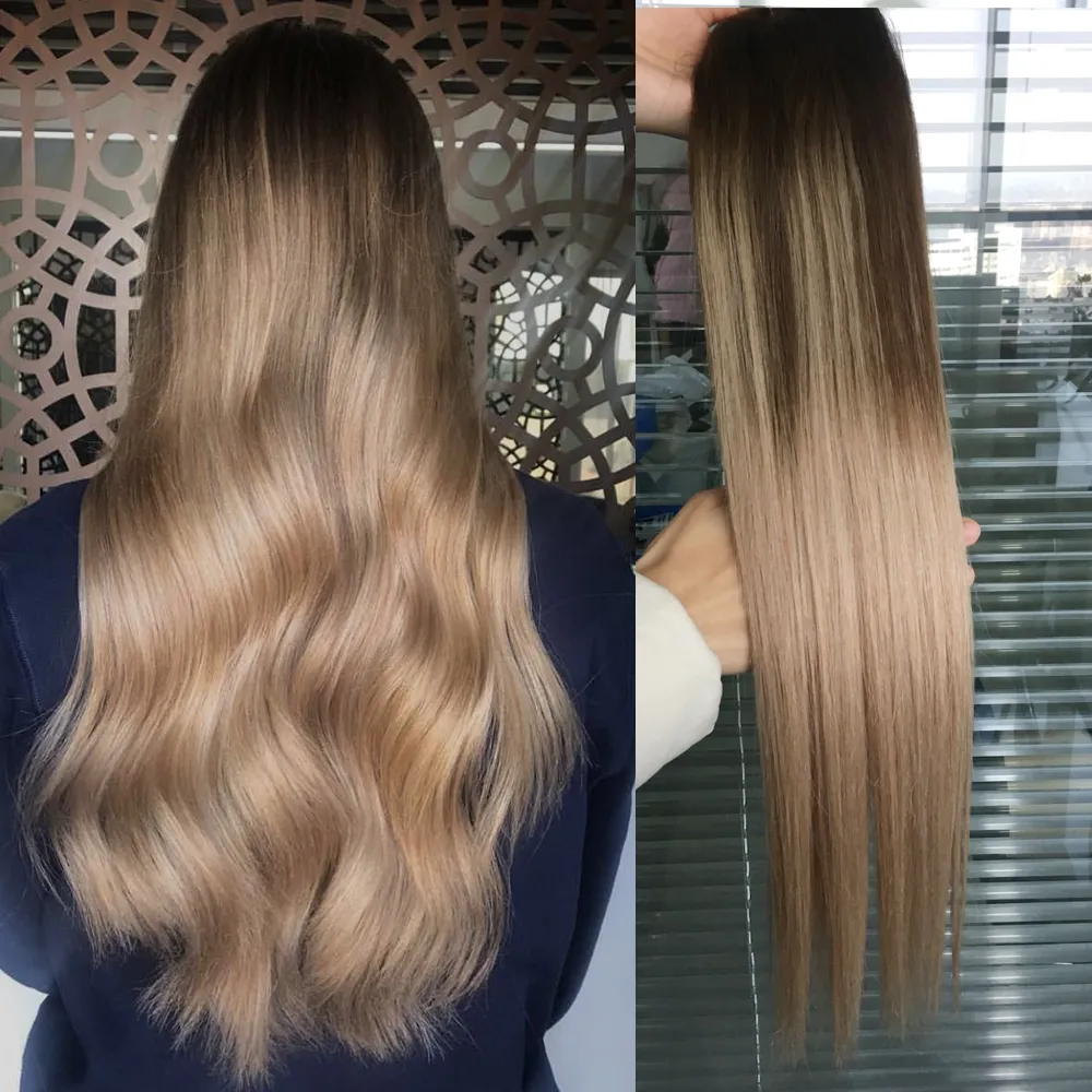 Ombre Human Haft Weft Extensions Virgin Brasilianska Peruanska Malaysiska Indiska Straight Balayage Brun Blondin T4 / 18 # Ombre Hair Weave Bundlar