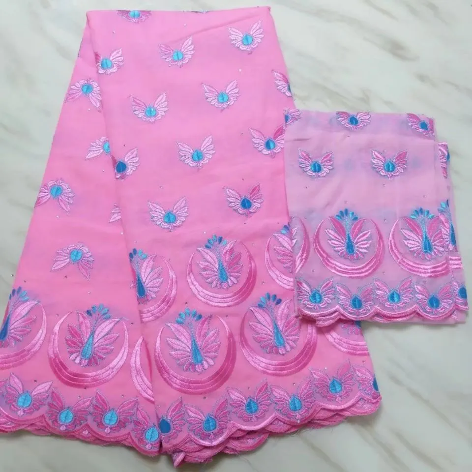 나비 패턴 자수와 2야드와 5Yards 멋진 핑크 아프리카 코튼 패브릭 드레스 그물 레이스 세트 블라우스 BC58-1