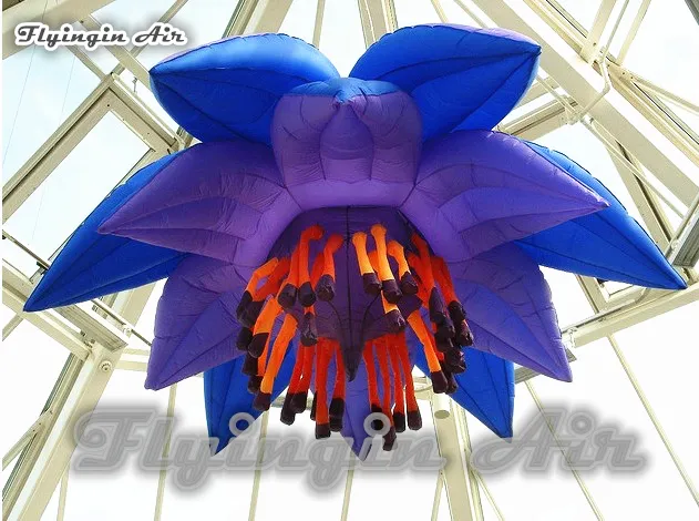 Dostosowany obiekt koncertowy zestaw dekoracji wiszące oświetlenie nadmuchiwany kwiat lotosu 2m / 3m / 3m średnicy sztuczna woda lilia kwiat na imprezę imprezową