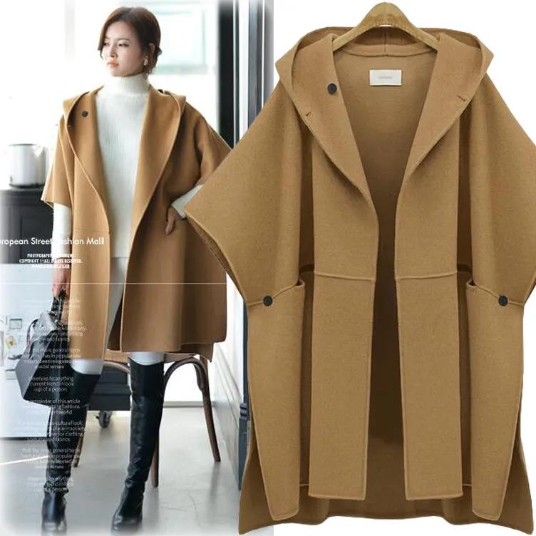 Frau Mit Kapuze Mantel Batwing Hülse Woolen Cape Mantel Große Größe Frauen Lose Woolen Mäntel Dame Winter Mode Poncho plus größe