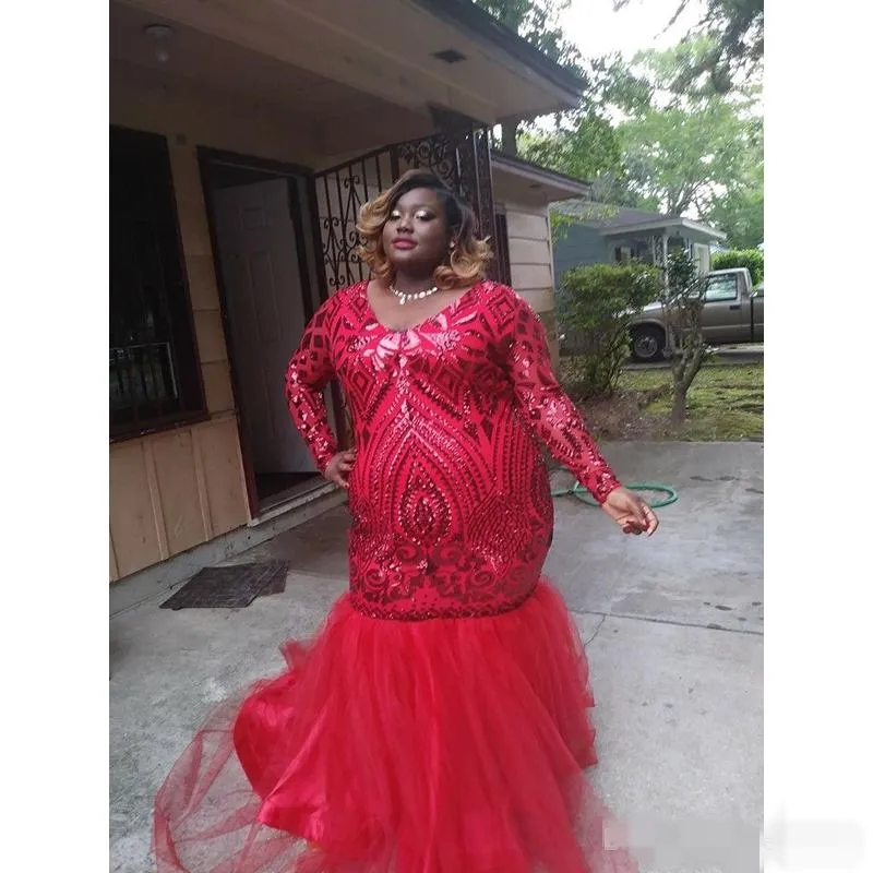 Size Plus 2019 Red Mermai Dresses Sequins Tulle Long Sleeves V Neck Beaded African Formal Ocn Wear Evening Party Ball Gown