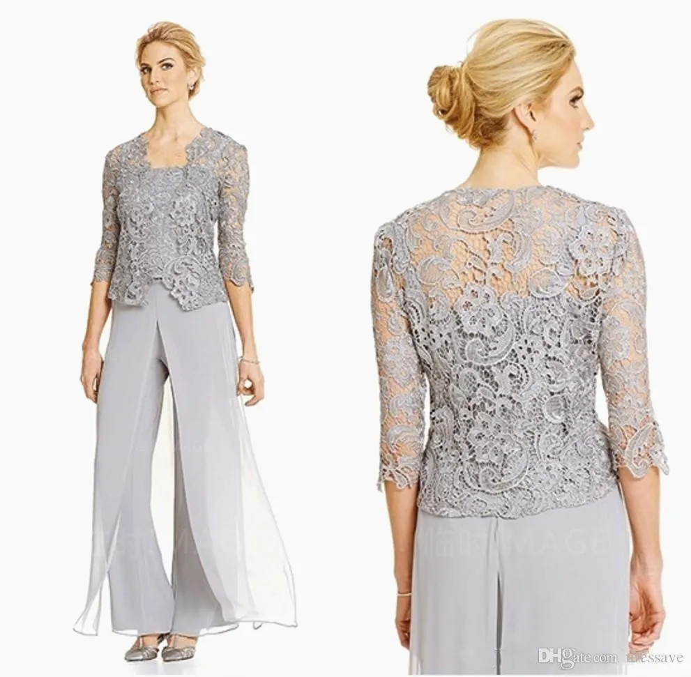 Elegant Silver Mother Of The Bride Pant Suits Plus Size Groom Mother Evening Party Suit Chiffon Trousers Outdoor Lace Wedding Guest With Jacket Women Chic Formal Wear