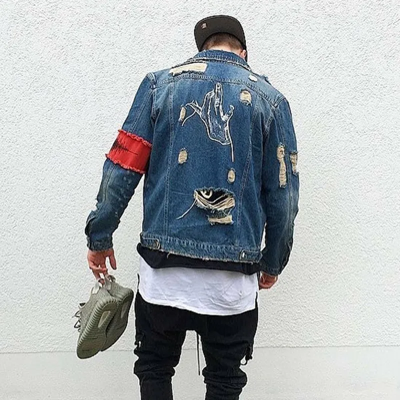 Men's Jackets Jean Streetwear Hip Hop Bomber Jacket Denim Men Brand Ripped Casual Fashion Coat