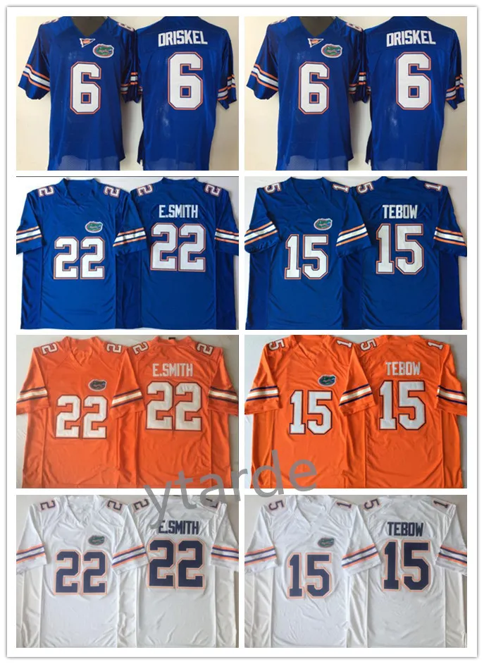 Mens Florida Jacarés Tim Tebow Jerseys 22 Emmitt Smith 6 Jeff Driskel NCAA da Faculdade de Futebol Jerseys Branco Azul Laranja S-3XL