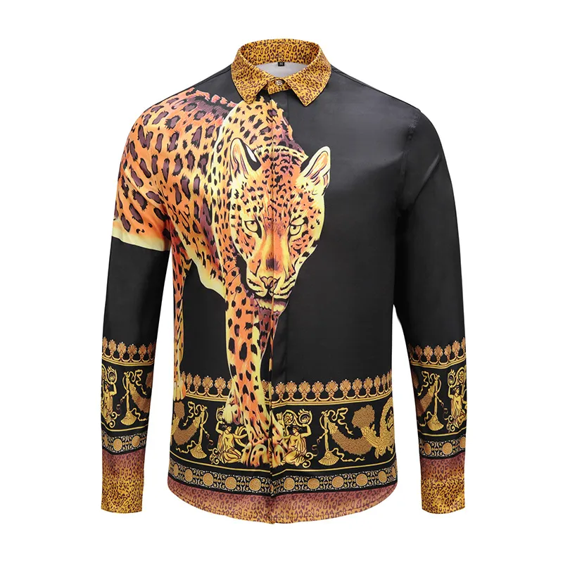 Mode Leopard 3d djurtryckskjorta Män Streetwear Casual Shirt Mens Långärmad Knapp Social Man Camisa Masculina