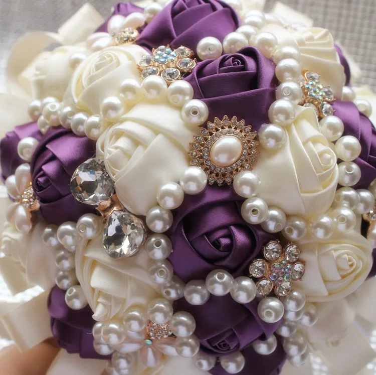Elfenben Silk Satin Rose Wedding Flower Buquets Multi Purple Royal Blue Bridal Wedding Flowers for Bridesmaid Diamond Pearls Crystal258y