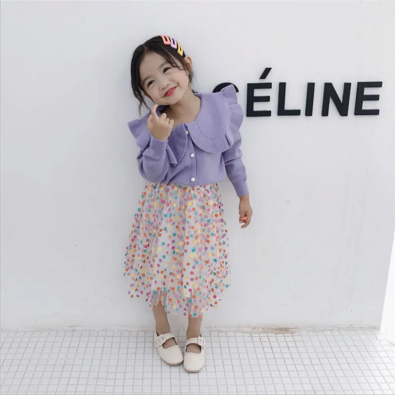 2019 automne fille enfants perle pull enfants enfant en bas âge fille col claudine Cardigan vert/jaune/violet tricot Cardigan