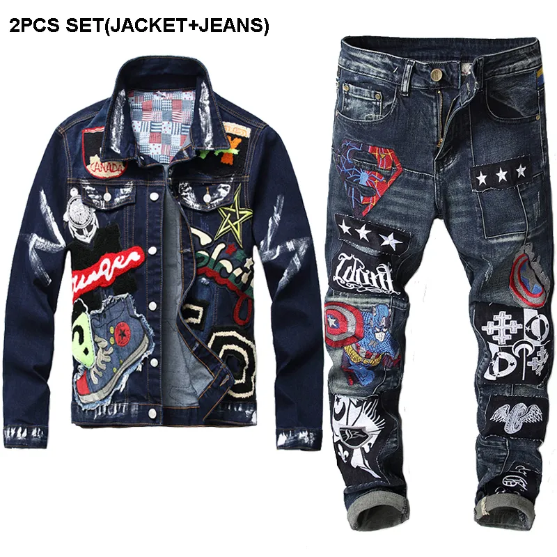 Dark Blue Tracksuit Spring Autumn Embroidered Badge Men's 2PCS Pant Sets Fashion Slim Fit Denim Jacket and Stretch Jeans