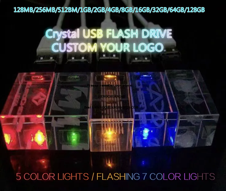 Cristal USB Flash Drive 64GB 32GB 16GB 8GB 4GB Flicker Light USB 2.0 Presente Estilo elegante Multi-Color Light Acrylic Memory Stick 512/256
