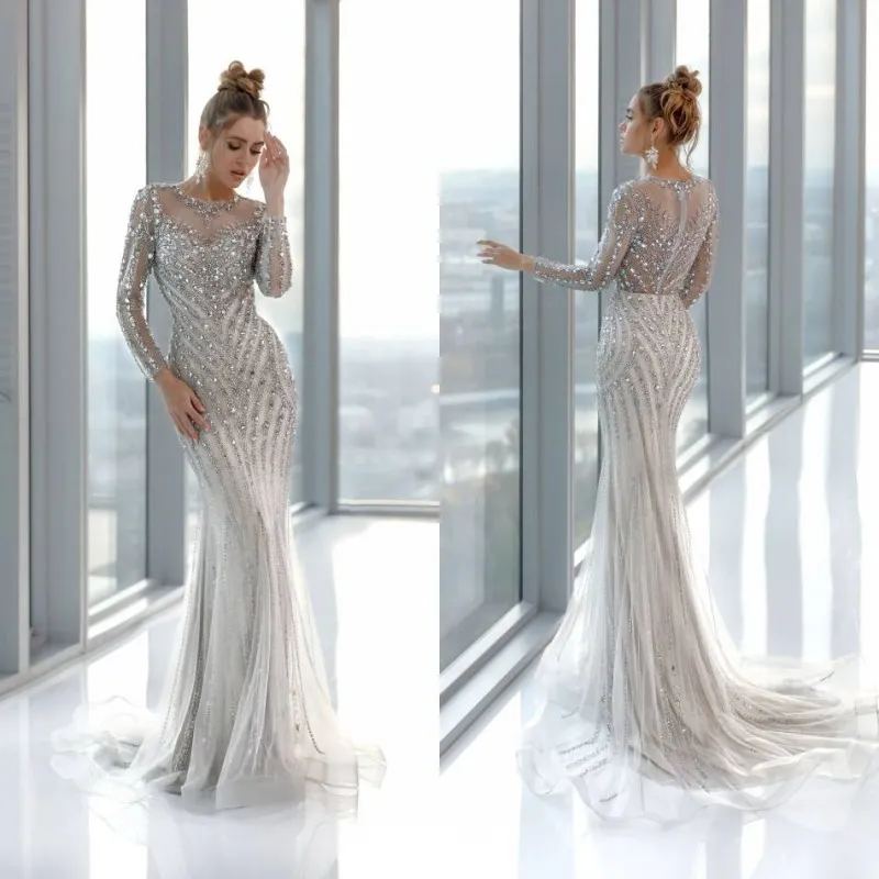 Elegant Velvet High-Neck Formal Dress | Long Sleeve Beaded Evening Gown with Sweep Train