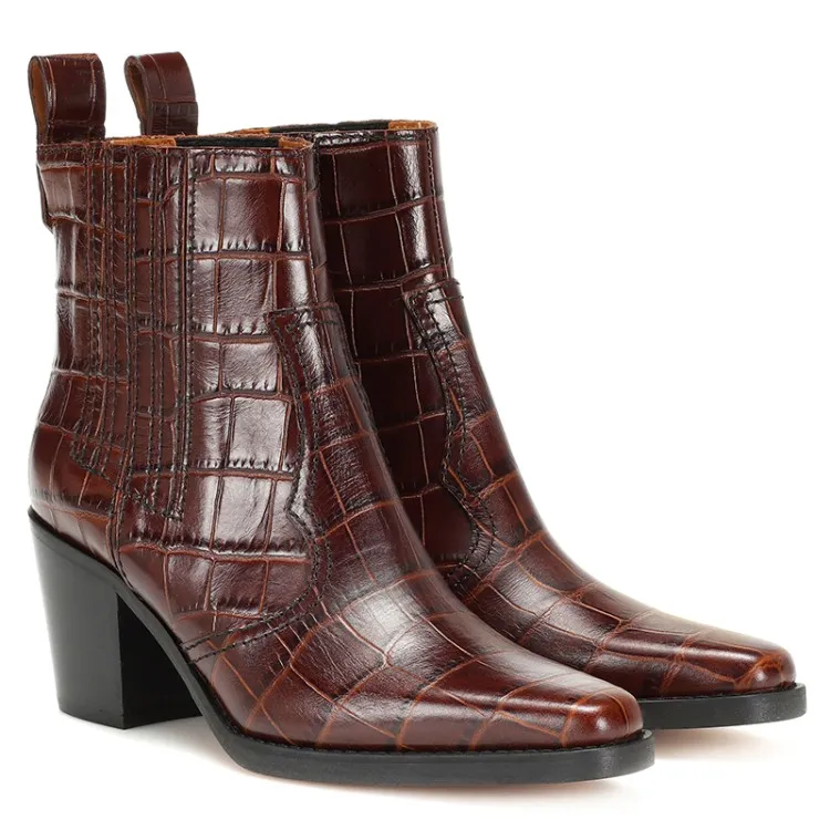 Hot Sale- Western Square Toe Chunky Heel Real Leather Ankel Booties Designer Skor Vinter