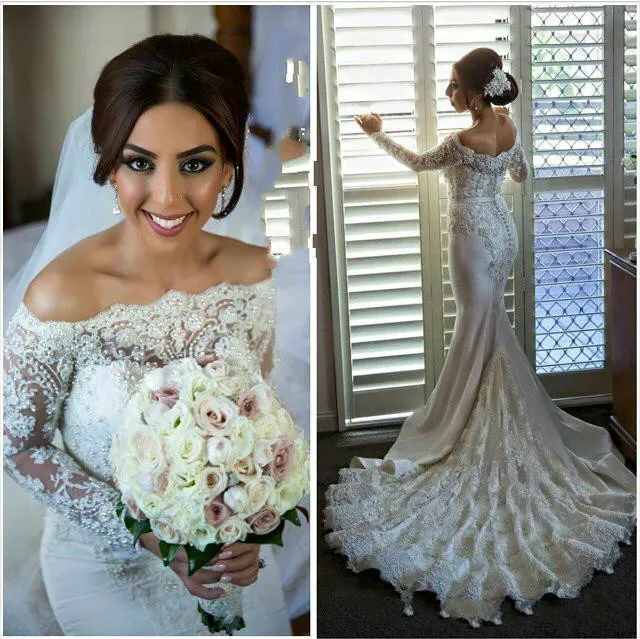 Elegant Lace Mermaid Wedding Dresses With Long Sleeve Sexy Off The Shoulder Fishtail Train Boho Country Bridal Gowns Modest Beaded Button