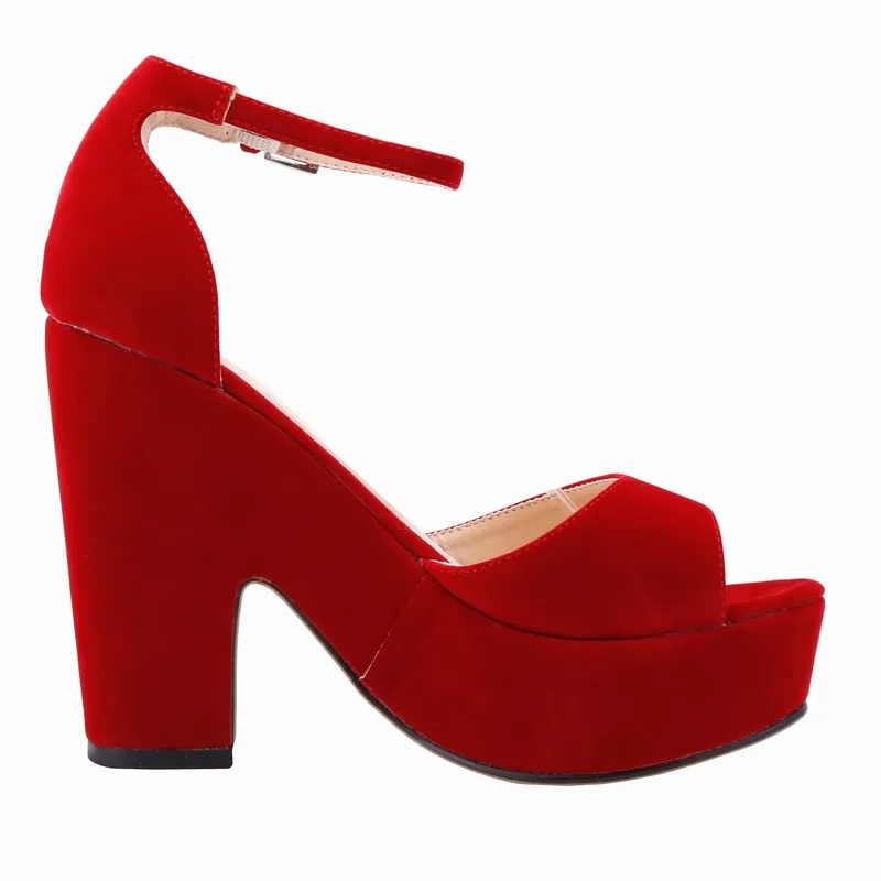 Venda quente-Als cinta de tornozelo mulheres bombas sexy peep toe quadrado salto alto sapatos mulher sapatos flock plataforma de casamento bombas 978-1ve