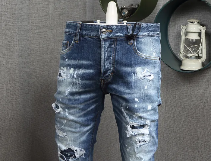 Blue Patchwork Patches For Trending Jeans For Men Elastic, Damage