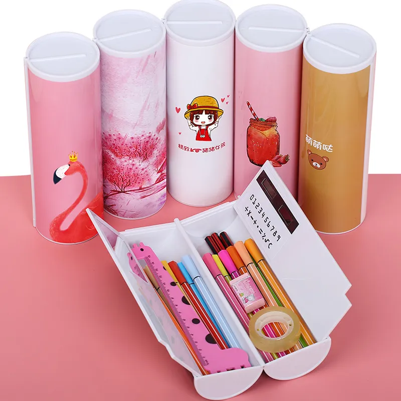 Multifunction Double Layer Cylinder Pencil Case Pen Box With Mirror Calculator Whiteboard Pen Wiper Cosmetic case