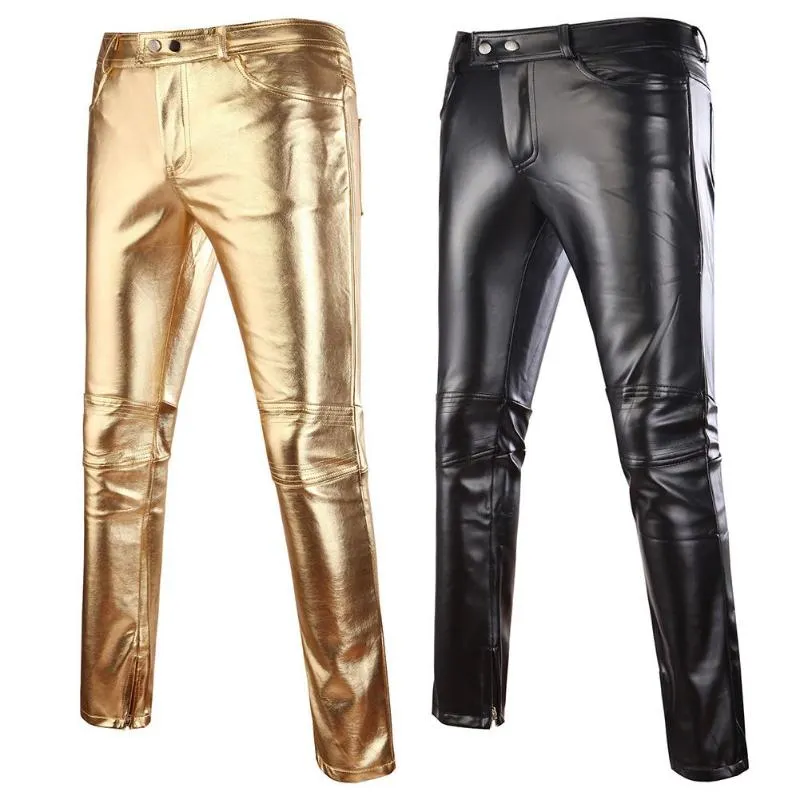 Męskie Skinny Błyszczące Złoto Silver Black PU Skórzane spodnie Motocykl Mężczyźni Klub Nightclub Spodnie do śpiewaków Tancerze Casual Spodnie