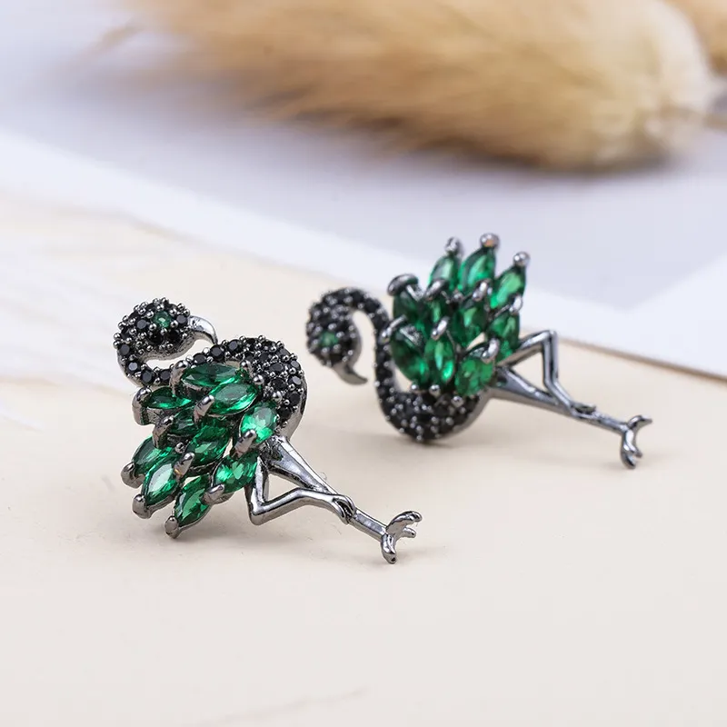 Fashion-Flamingo Earrings For Women Cubic Zirconia 925 Silver Stud Earings Rings Lady Bird Earring Jewelry