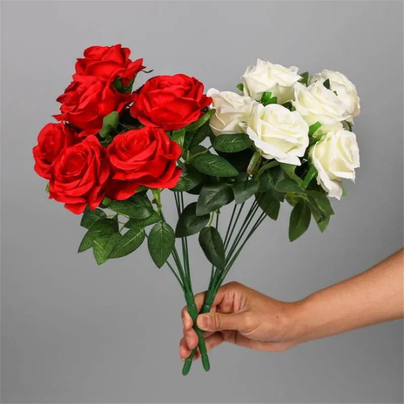 가짜 로즈 (9 헤드 / 무리) DIY 웨딩 신부 꽃다발 홈 장식 인공 꽃 17.72 "길이 시뮬레이션 장미