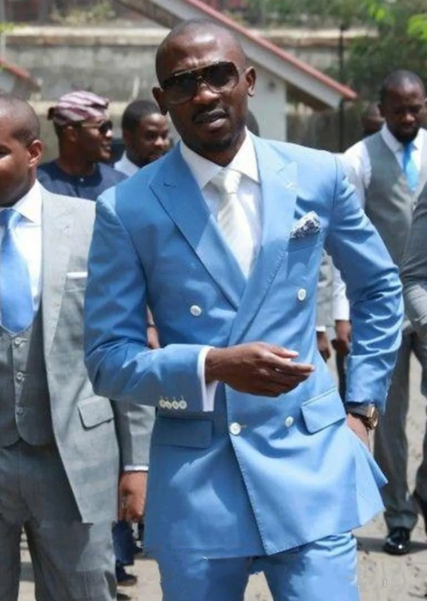 Men s Light Blue Tuxedo Double Breasted Peak Lapel Wedding Party Suit Jacket Pants Tie