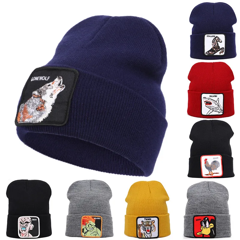2019 Nya djurbroderi Beanie Cap Men Warm Sticked Winter Hats for Women Hip Hop Skullies Bonnet Unisex Cap96476797020407