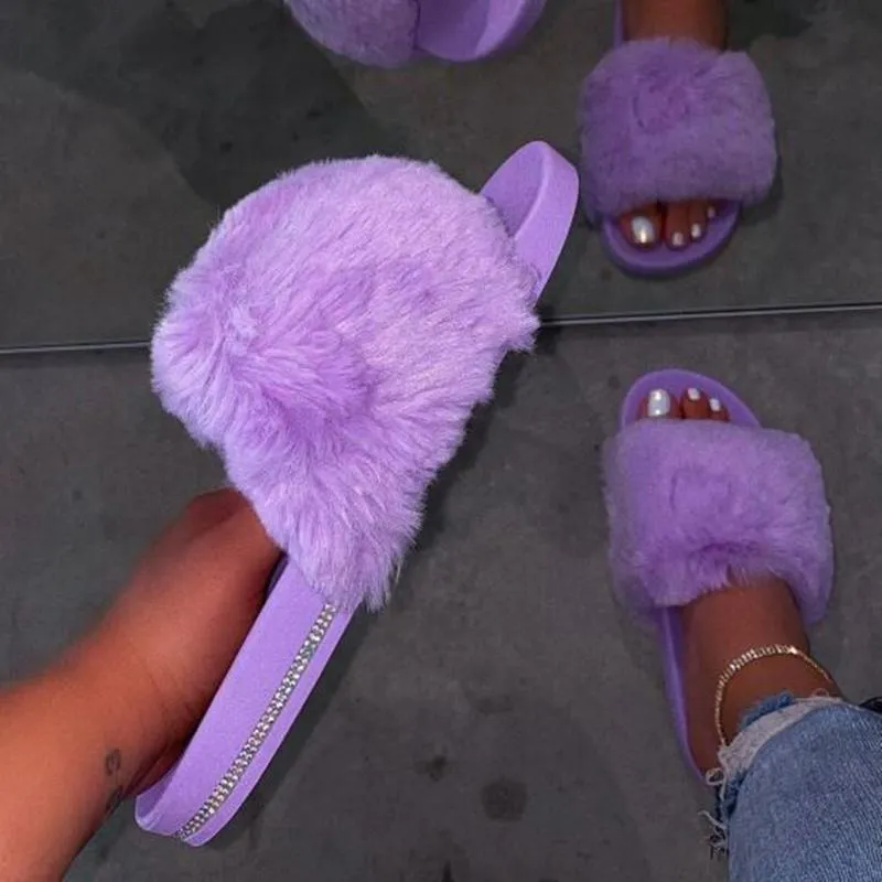 Women 2020 Spring Indoor Home Furry Slippers Warm Casual With Crystal Slippers Outdoor Wild Non-slip Beach Candy Color