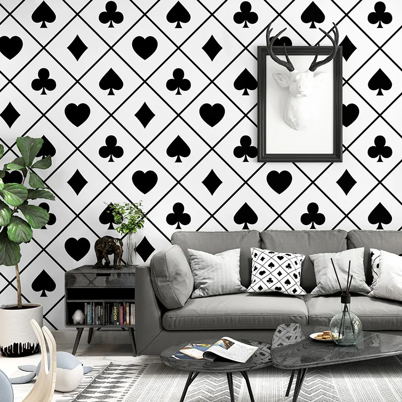 Novo cartão de jogo simples papel de parede TV fundo preto e branco xadrez  geométrica quarto sala personalidade mural