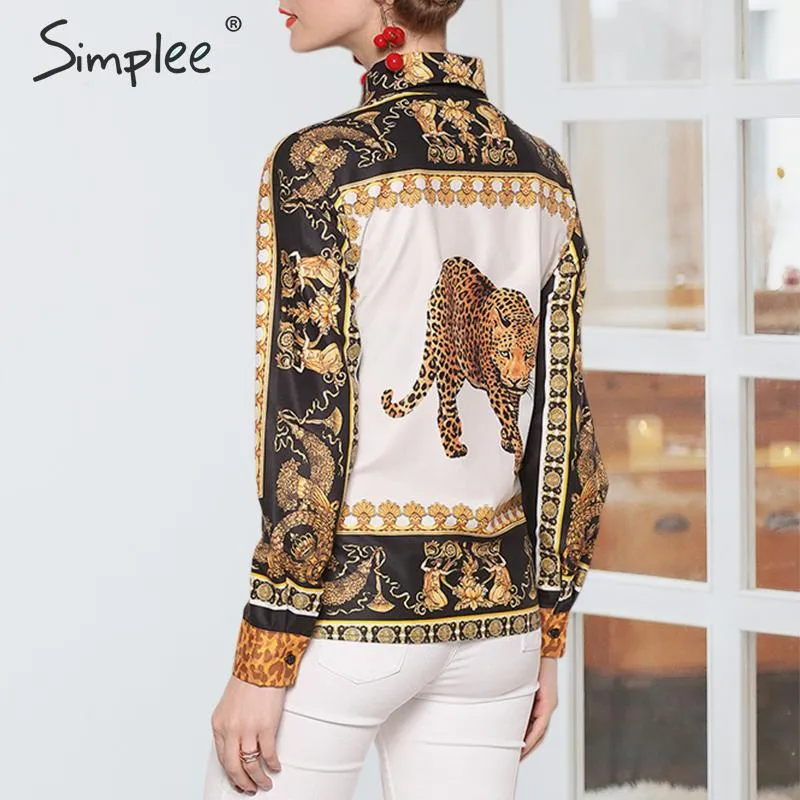 Simplee Plus Size Leopardプリント女性ブラウスシャツカジュアル長袖女性トップシャツ襟レディースブラウス2019