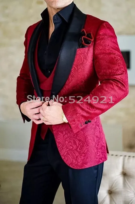 Abiti da uomo su misura modello rosso scuro e smoking da sposo nero scialle in raso con risvolto testimoni dello sposo matrimonio testimone (giacca + pantaloni + gilet + cravatta) L404