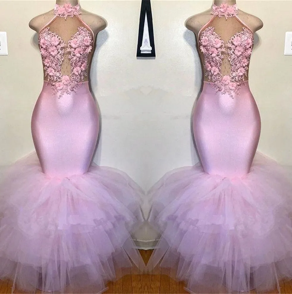 Blush Pink Mermaid Prom Dresses 2020 Halter 3D Flowers spetsapplikationer Kvällsklänningar plus storlek Afrikansk formell festklänning BC3986342H