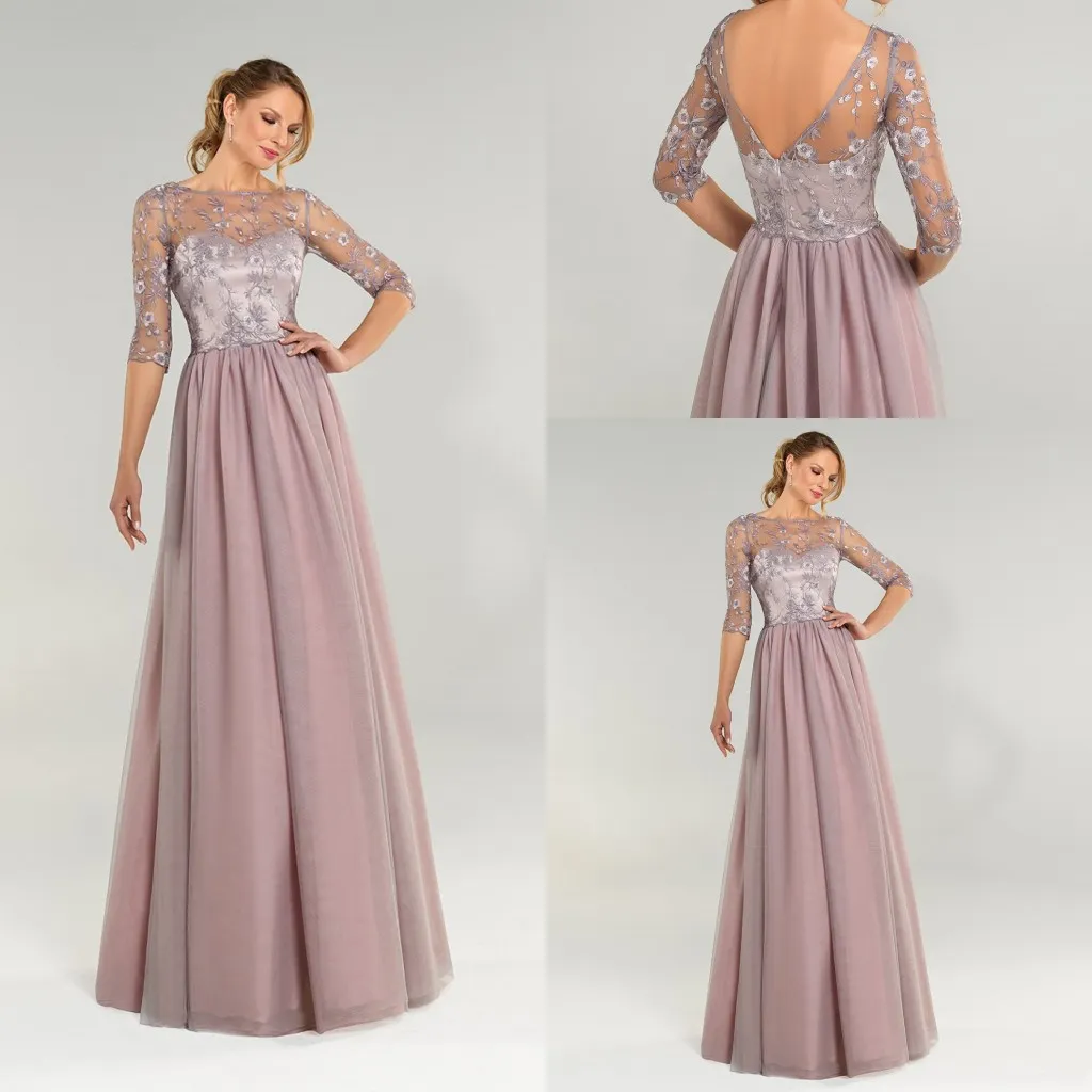 2020 A-lijn moeder jurk elegante geappliceerd kant backless juweel 3/4 lange mouwen moeder van de bruid jurken vloer lengte formele feestjurk