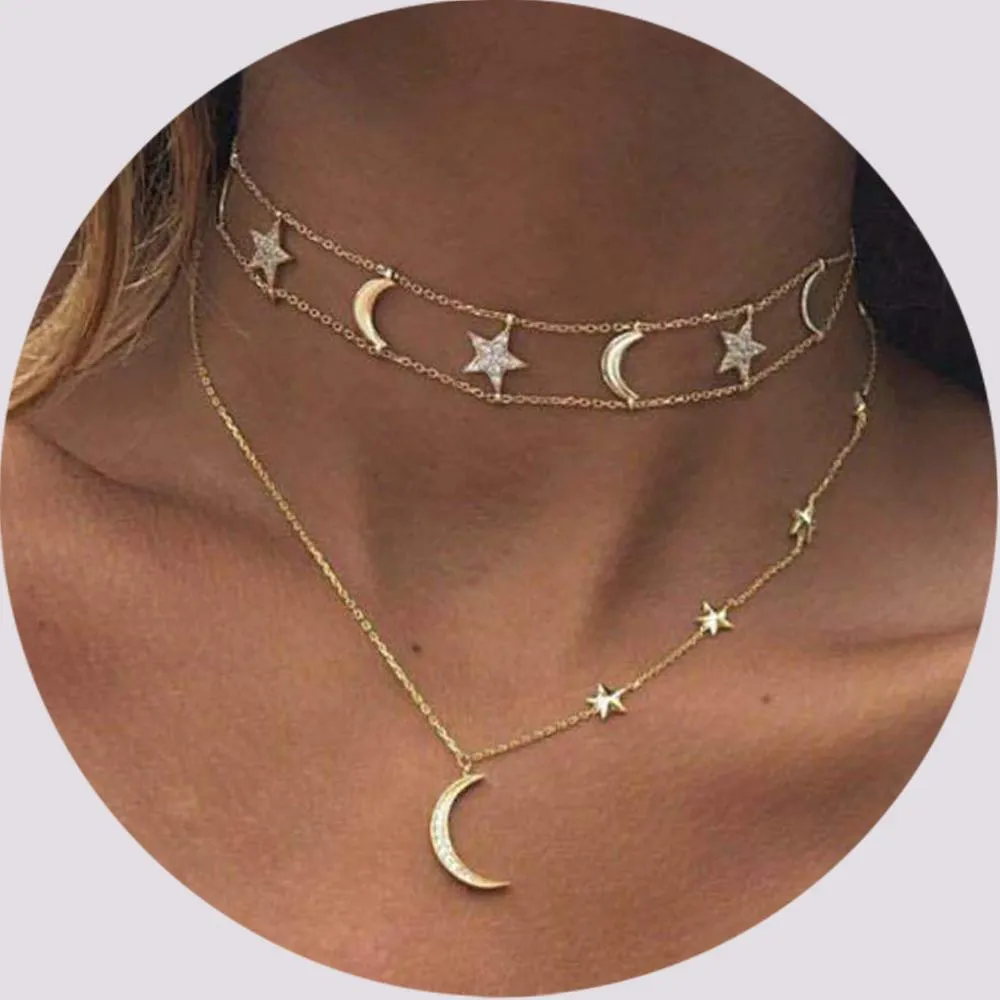 2019 luxe bohème couches collier ras du cou charme étoile lune pendentif multicouche colliers longue chaîne femmes bijoux accessoires de mode