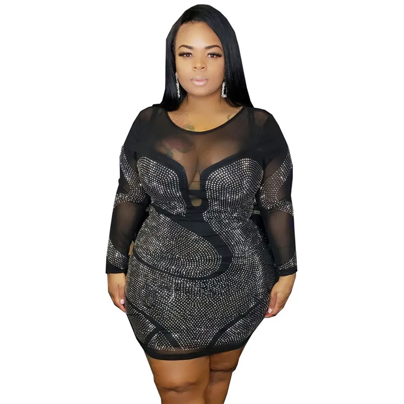 Women Casual Dresses Sexy Plus Size Long Sleeve Rhinestone Mesh See Through Bodycon Party Club Mini Dress Clubwear